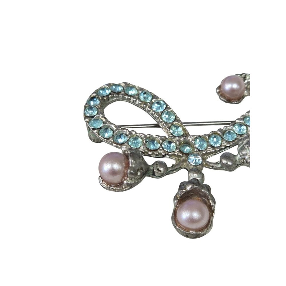 Vintage Silver Tone Aquamarine Blue Rhinestone & Faux Pearl Brooch Pin - Picture 2 of 10